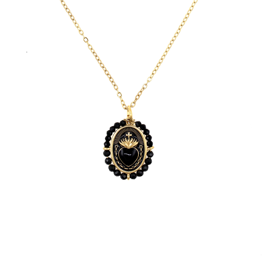 CADENA CON MEDALLA DEL SAGRADO CORAZÓN ENAMEL NEGRO CON ÓNIX