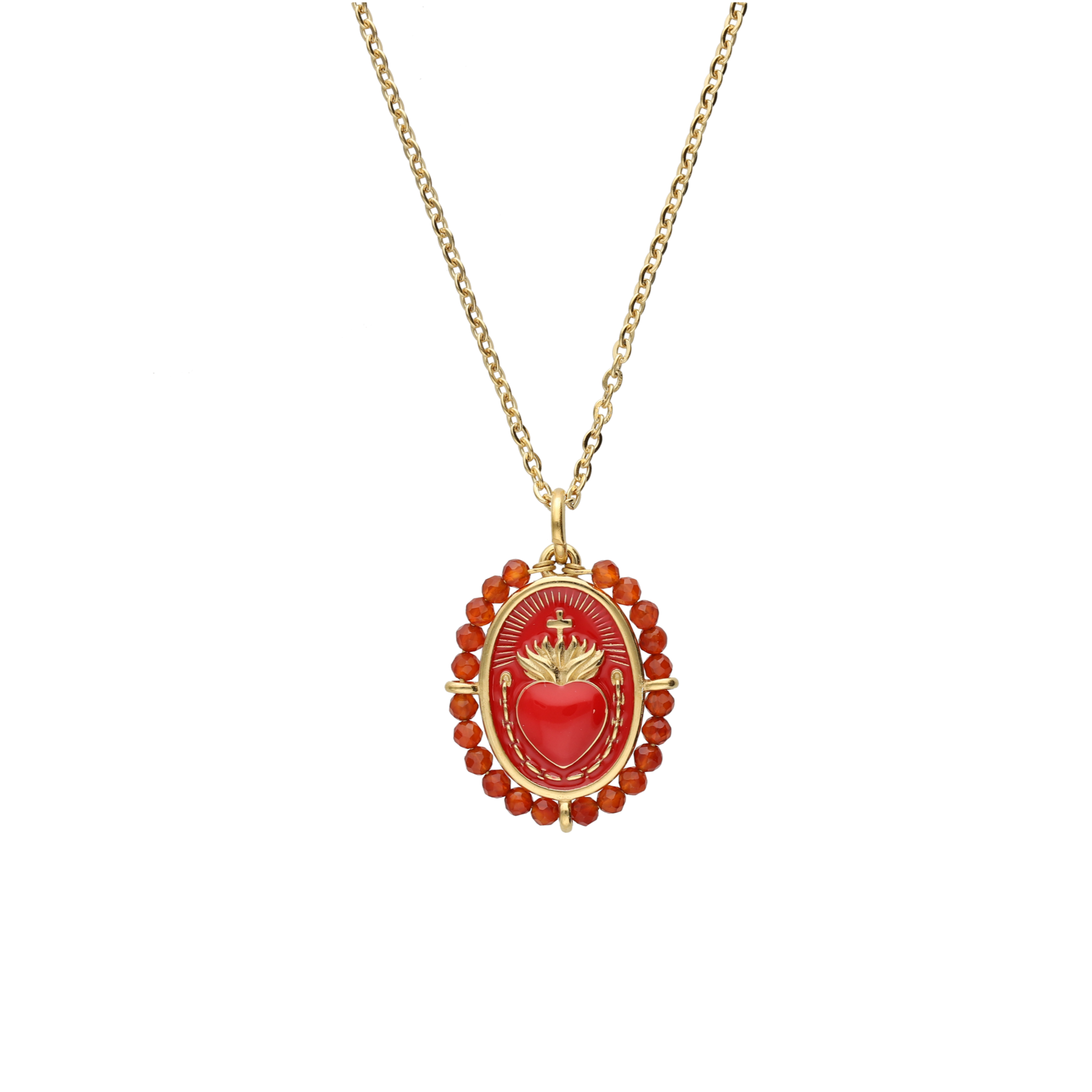 CADENA CON MEDALLA DEL SAGRADO CORAZÓN ENAMEL ROJO CON AMAZONITA